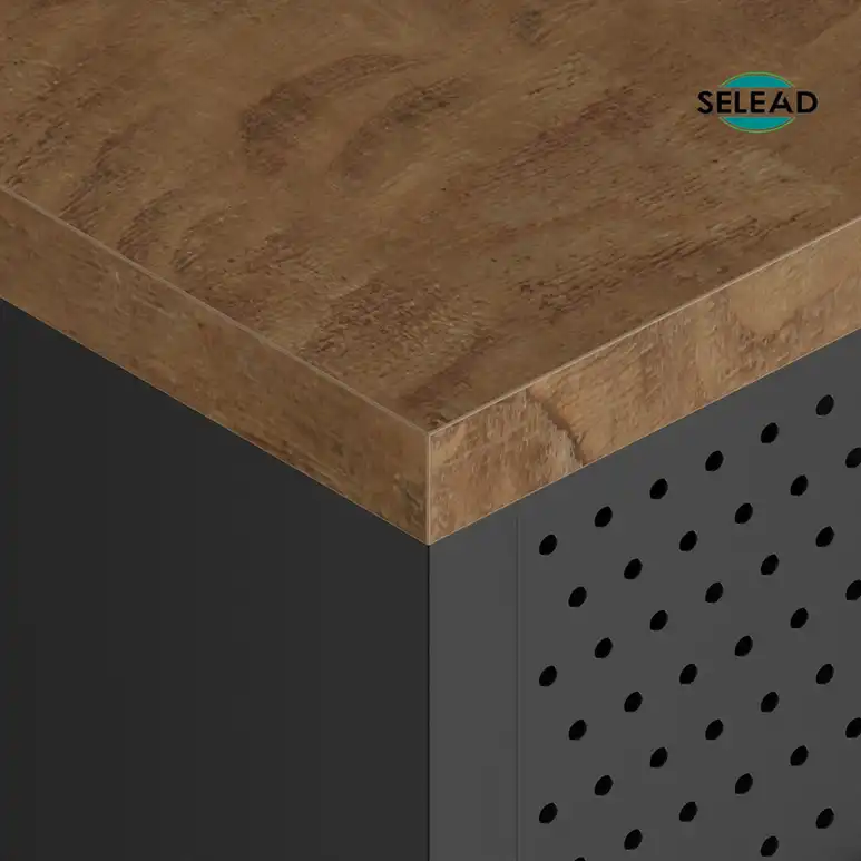 Wood style top panel detail on steel storage cabinet surface