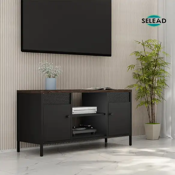 Black steel TV console SW-T01 with wood top in modern living room setting