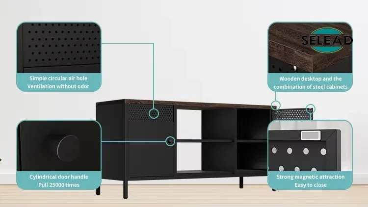 Detail view of black SW-T01 media cabinet highlighting perforated vent panel, cylindrical handle and magnetic door catch