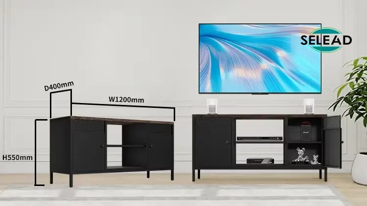 Dimensional view of black SW-T01 steel TV cabinet showing 1200mm width, 550mm height, 400mm depth