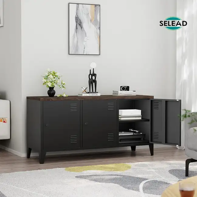 Black steel sideboard SW-T02 with dark wood top in modern living room setting