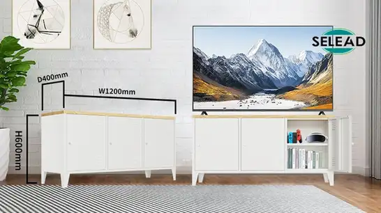 Front view of three-door white steel sideboard cabinet SW-T02 with wood top for storage