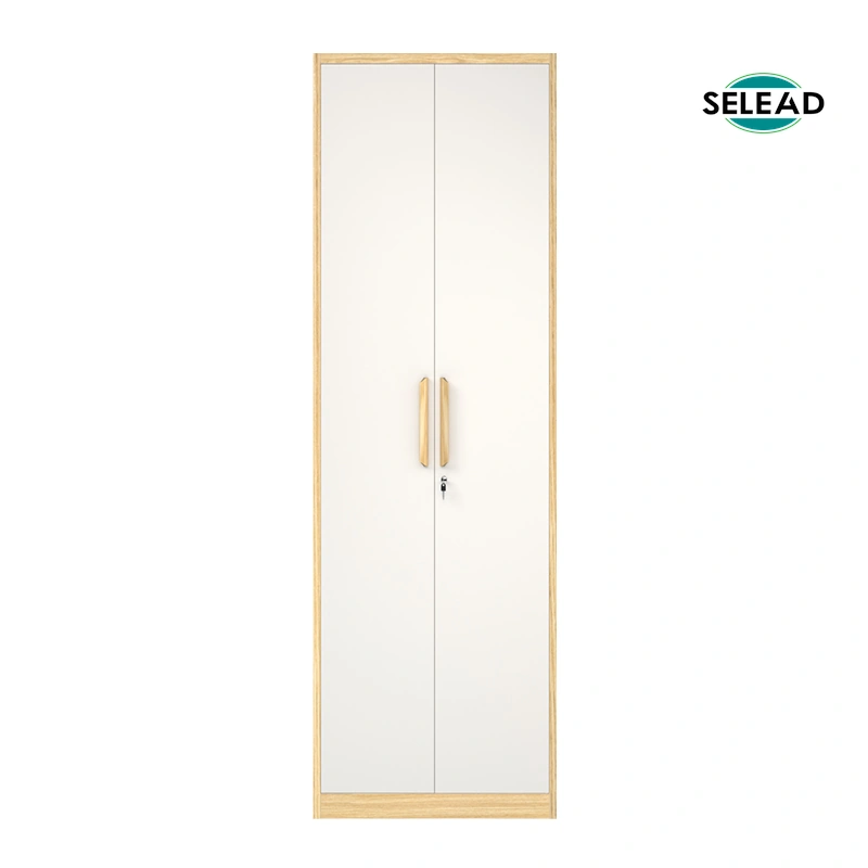 Steel double door wardrobe cabinet with hanging rod and shelves