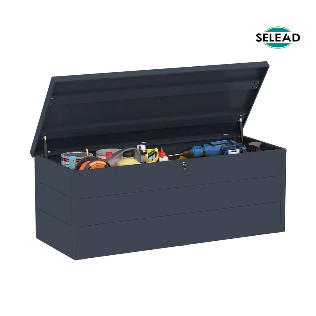 Grey SE-GB01 deck box beside patio seating set in a family outdoor setting