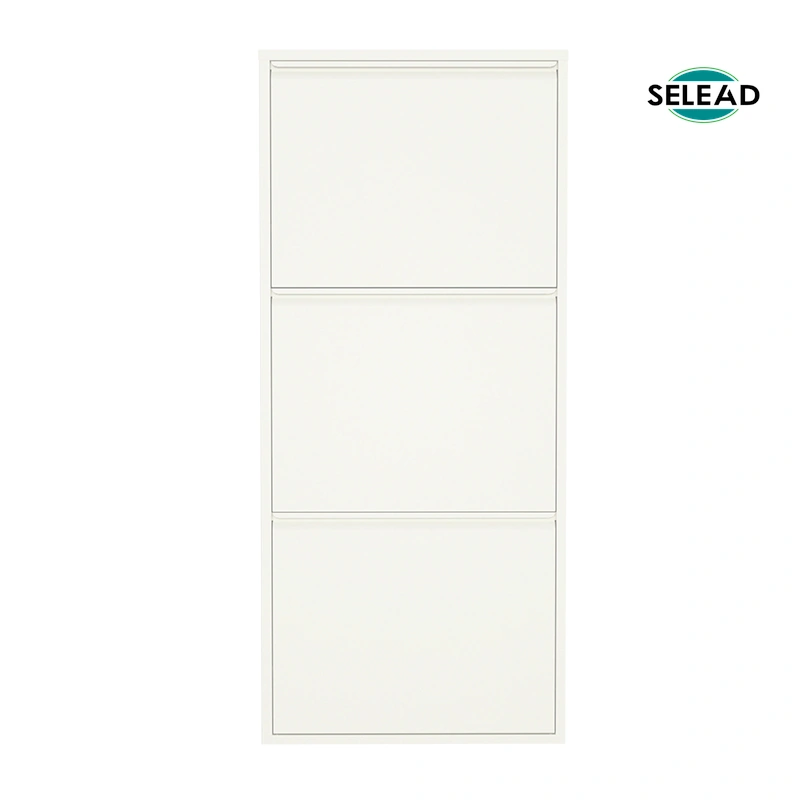 White steel shoe cabinet with flat front panels for minimalist interiors