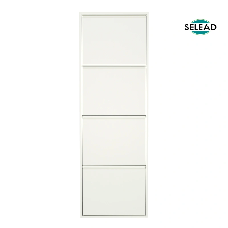 White steel vertical shoe cabinet with minimalist flat front panels
