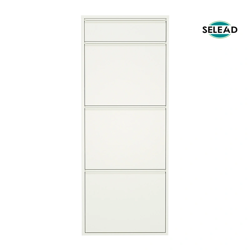 White steel four-door shoe cabinet with flat minimalist front panels