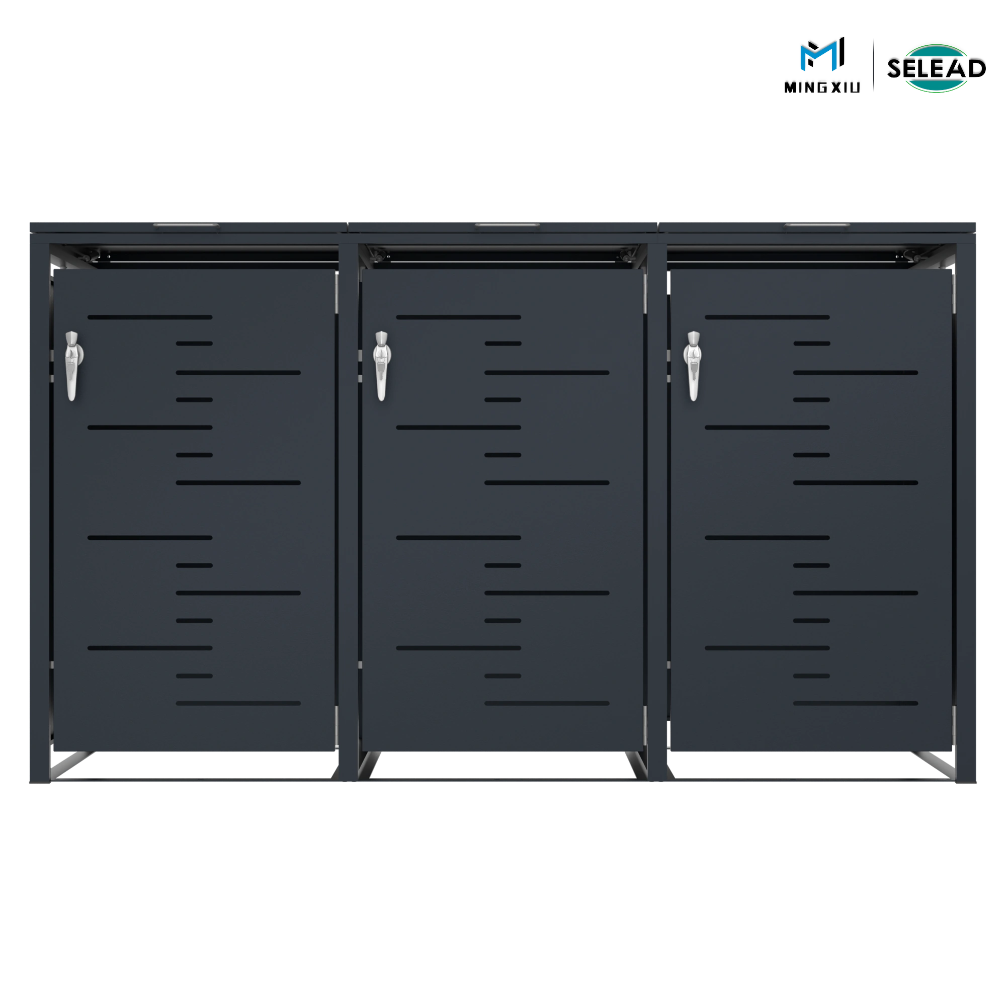 Triple door outdoor bin enclosure OBB-C3 with modern slatted design and secure locks