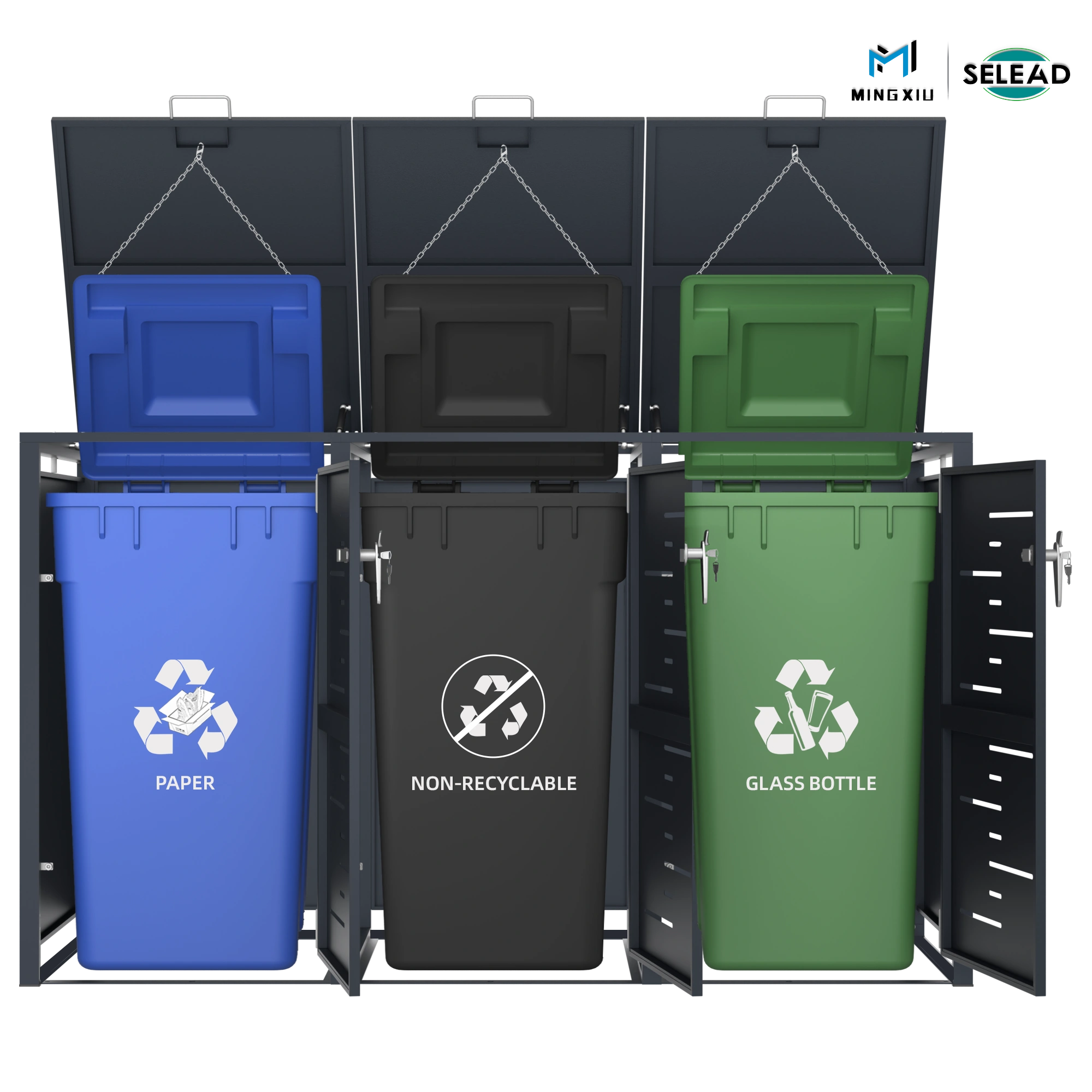 Three compartment bin storage unit with 120L/240L Waste bins for waste sorting
