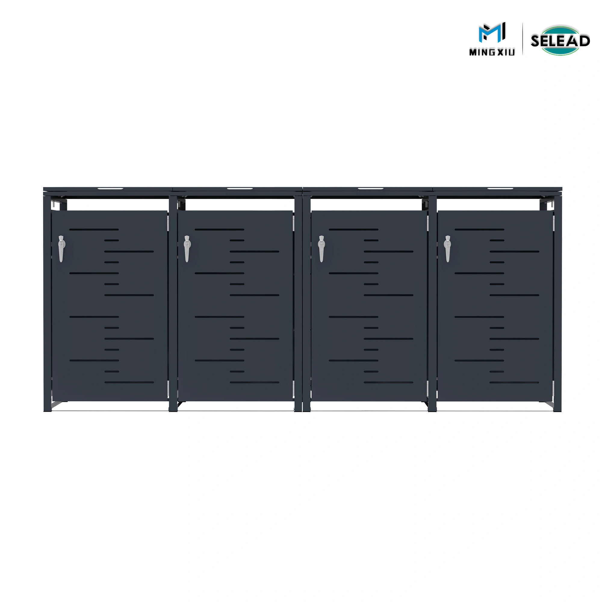 Quadruple door outdoor bin enclosure OBB-C4 with modern slatted design and four secure locking compartments