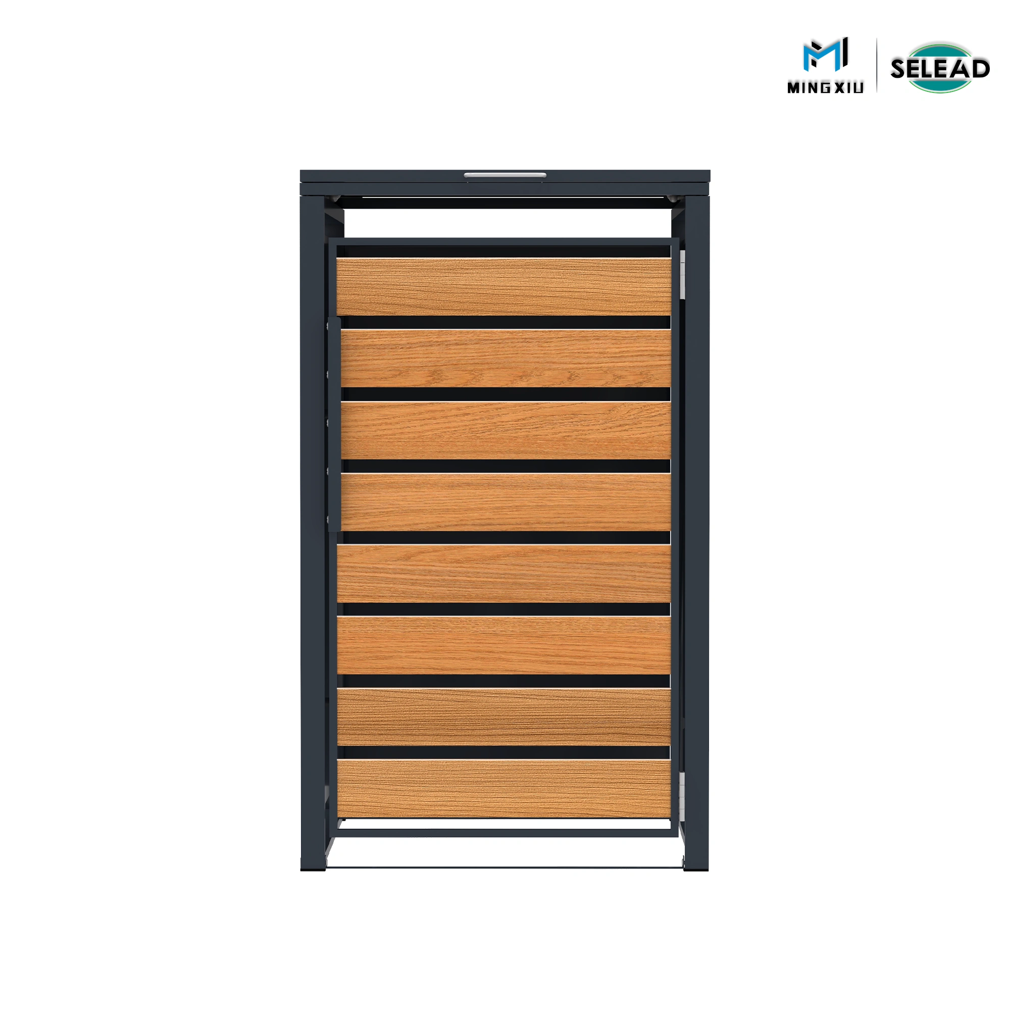 SE-OBB-K1 single outdoor wheelie bin store with wood-effect slats and dark steel frame
