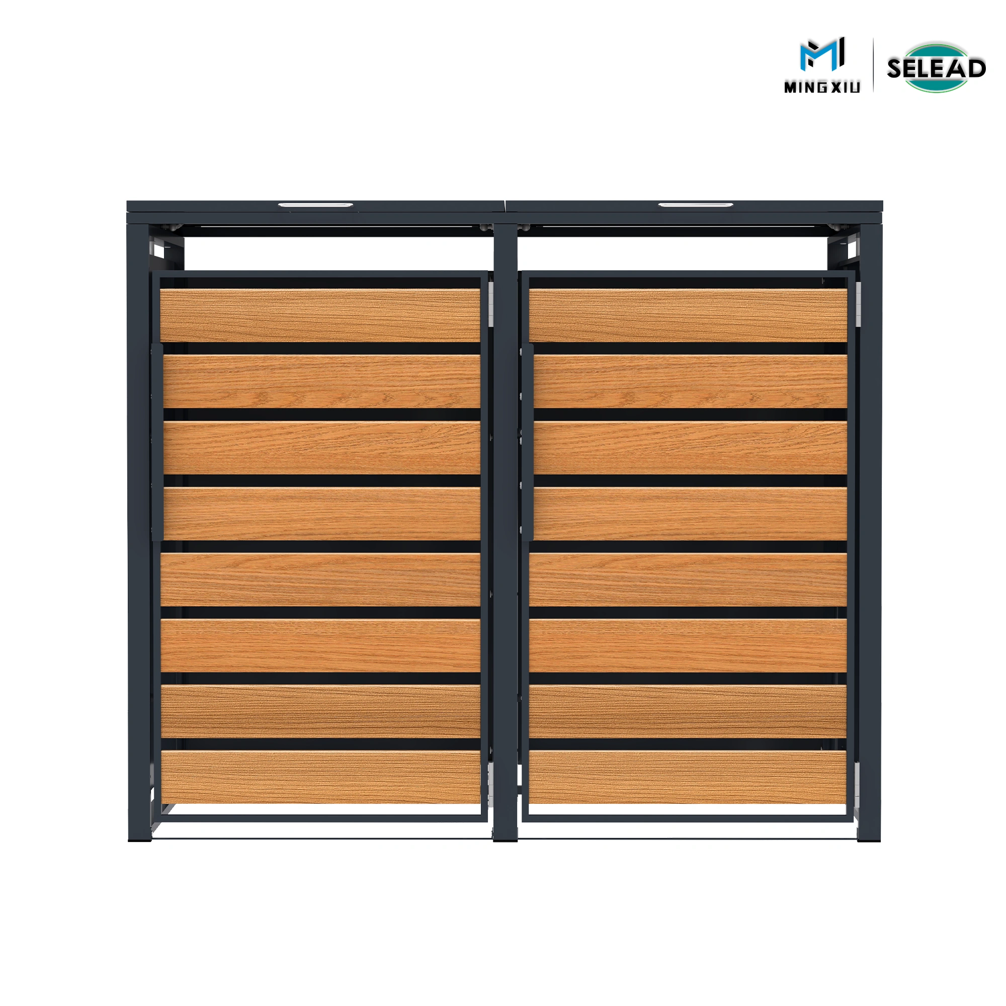 Two 240L recycling wheelie bins inside SE-OBB-K2 enclosure with both lids raised on chains