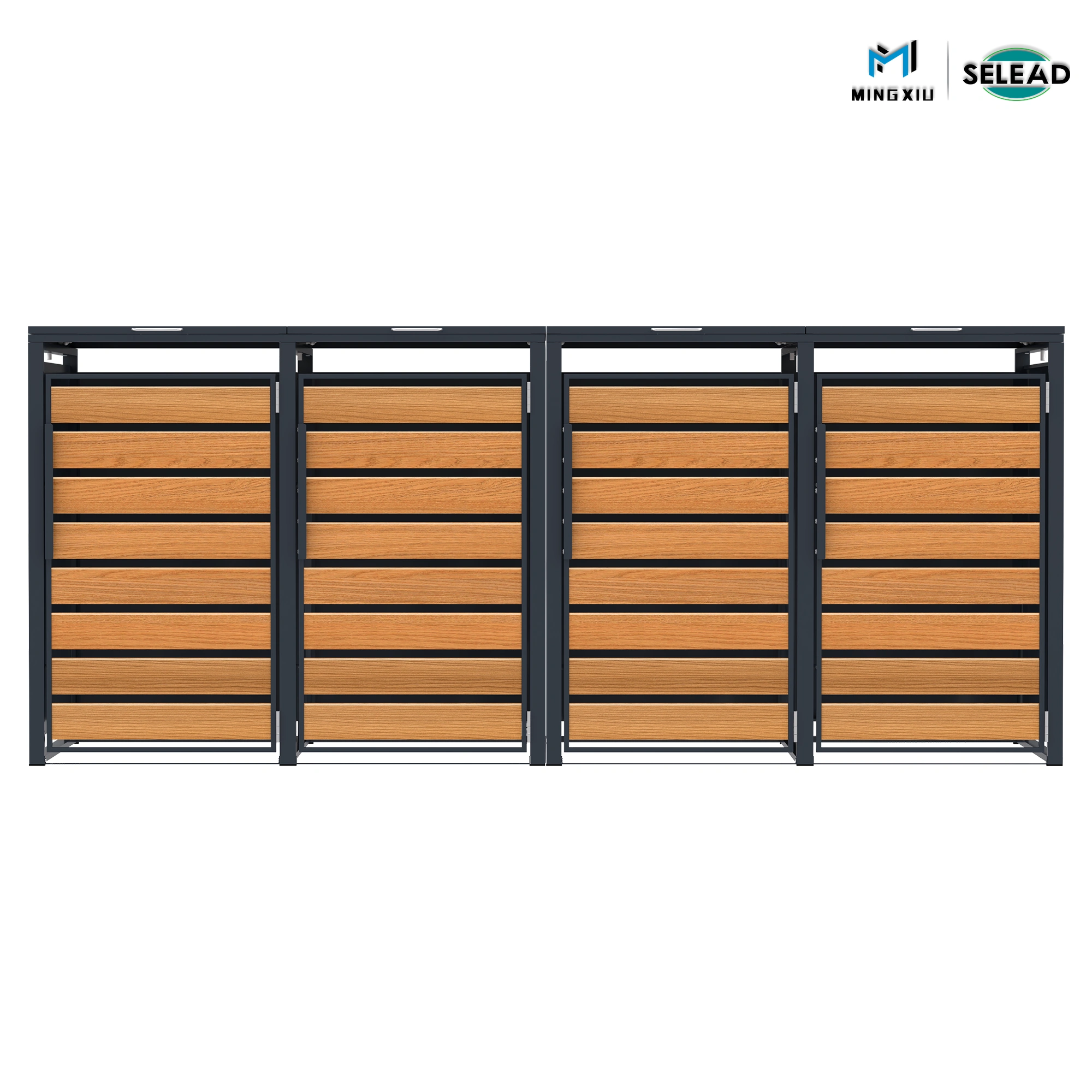 Four 240L recycling wheelie bins inside SE-OBB-K4 enclosure with all lids raised on chains