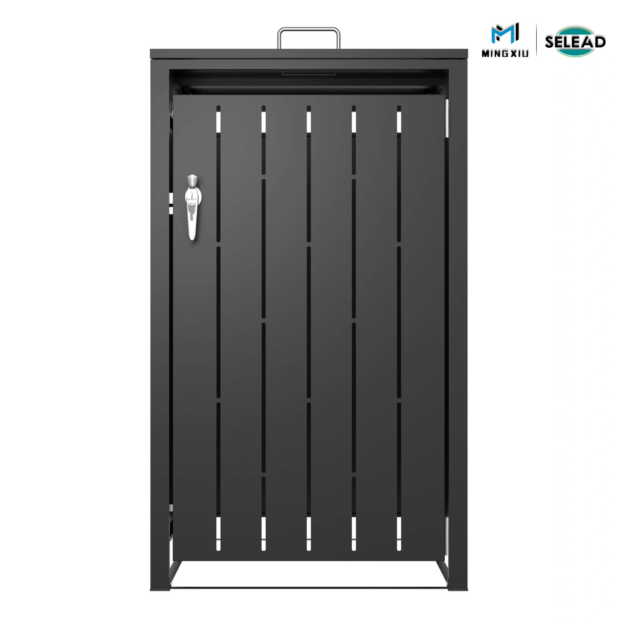 SE-OBB-N1 front view of vertical-slat steel bin store with dark grey finish