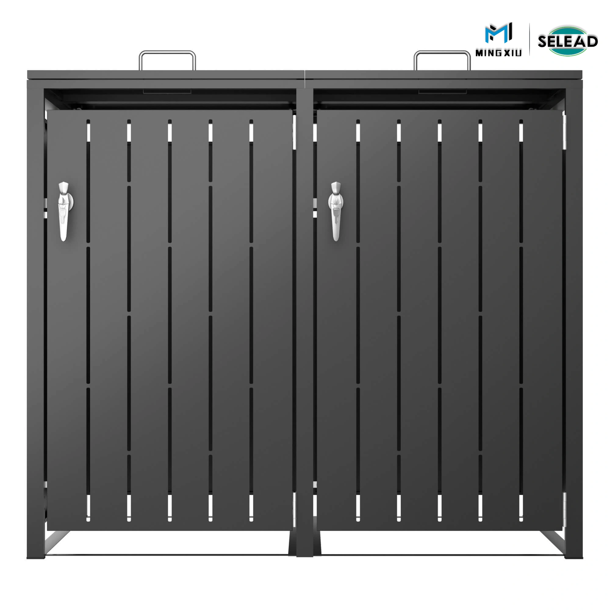SE-OBB-N2 front view of dual vertical-slat steel bin store with dark grey finish
