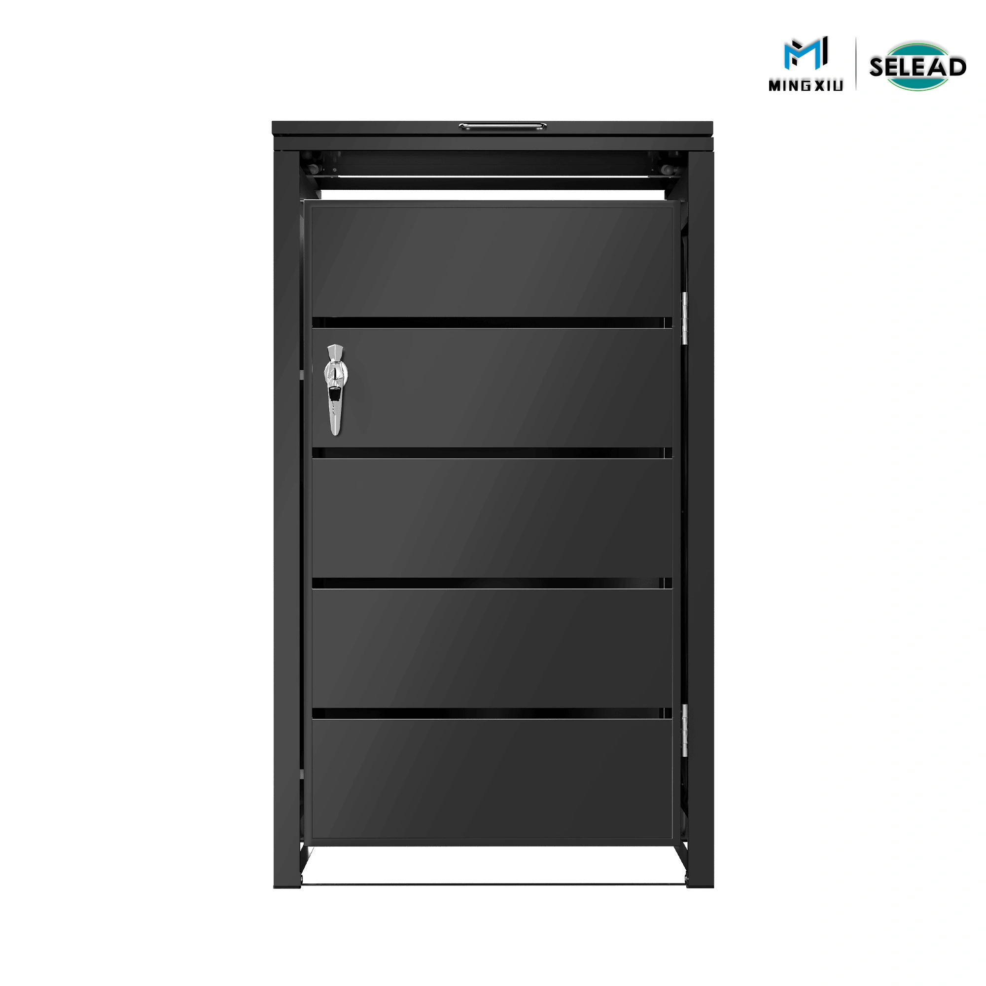 SE-OBB-P1 front view of wide-slat steel bin store with dark grey finish
