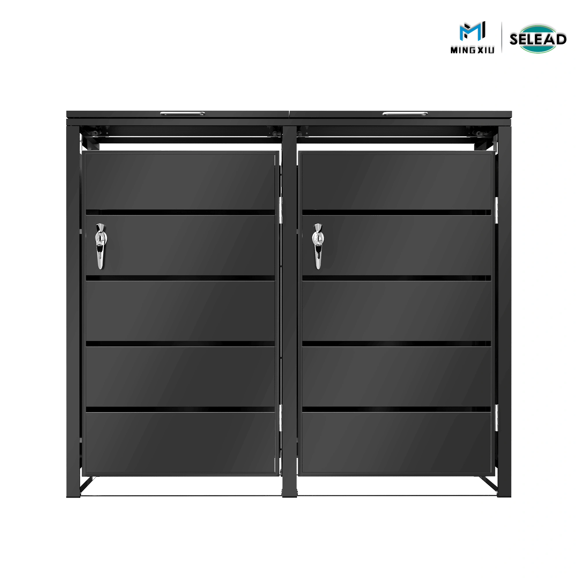 SE-OBB-P2 front view of dual wide-slat steel bin store with dark grey finish