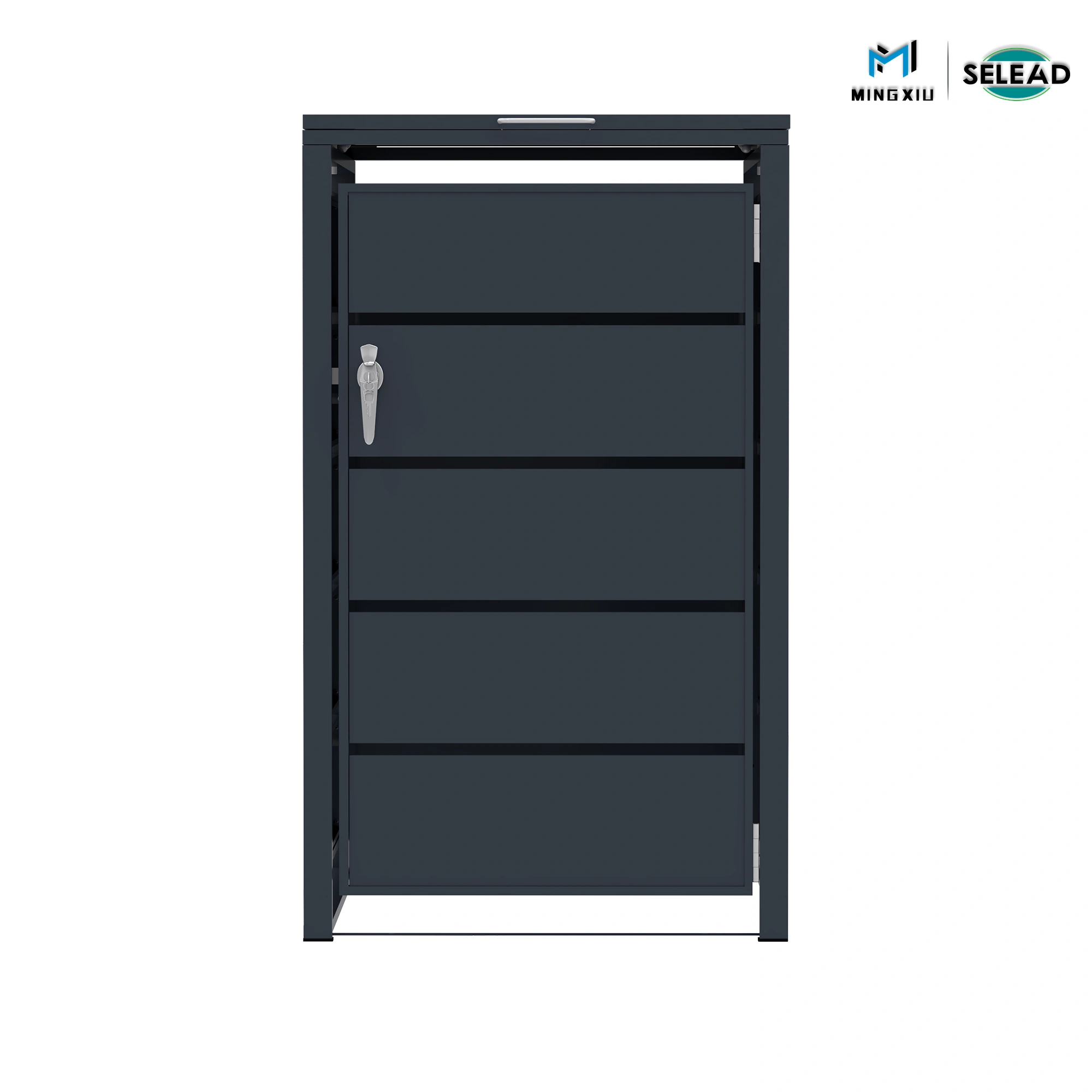 front view of lockable steel bin store with dark grey finish