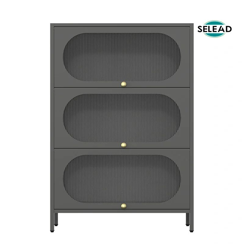 Steel tambour door kitchen storage cabinet with three horizontal compartments