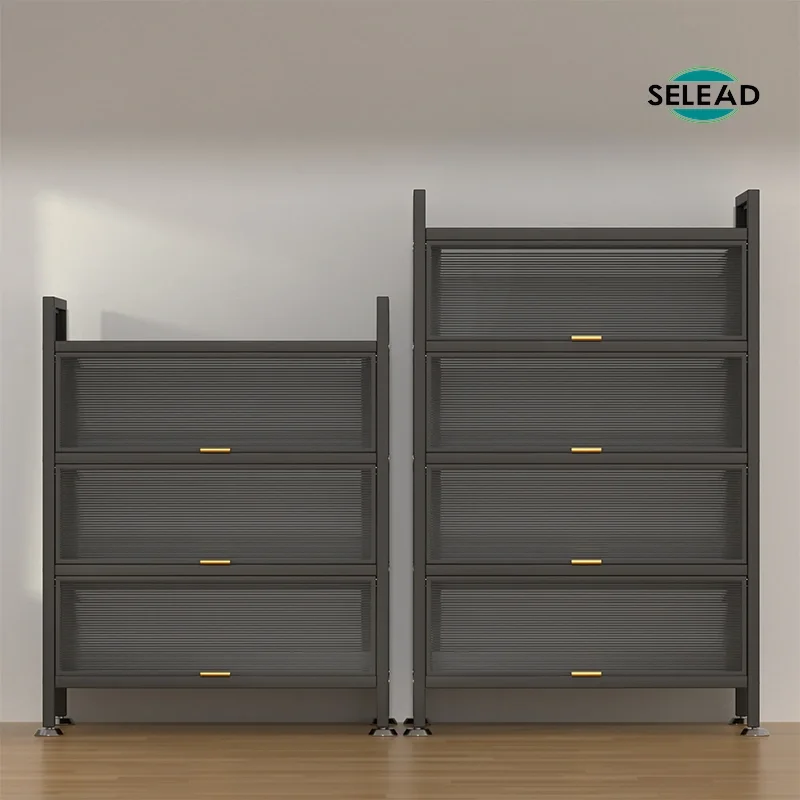Steel tambour door storage shelf with four horizontal rolling compartments