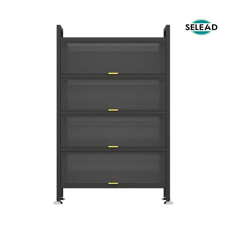Steel kitchen storage cabinet with rolling shutter drawers in black finish