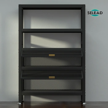 Steel kitchen storage shelf with mesh drawers in black finish
