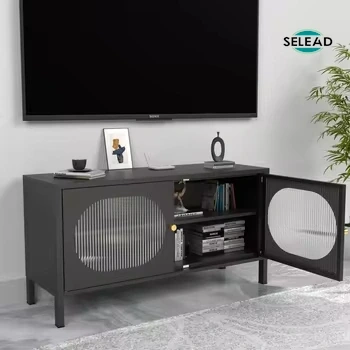 Black steel sideboard cabinet SG-T04 under wall-mounted screen with doors open