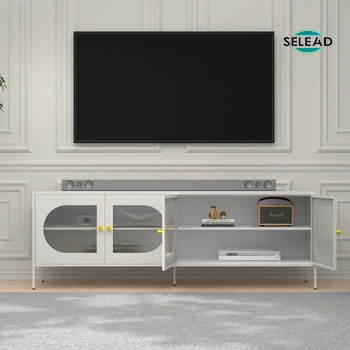 White steel TV console SG-T05 under wall-mounted screen with doors open