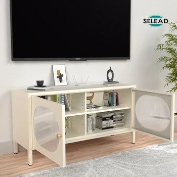 Front view of SG-T06 cream steel TV console with twin fluted glass doors
