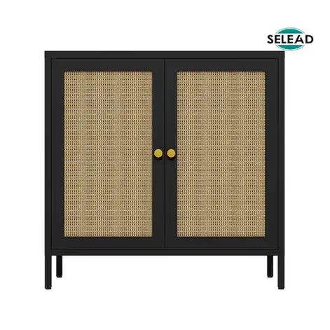 Steel storage cabinet with double wicker doors in black finish