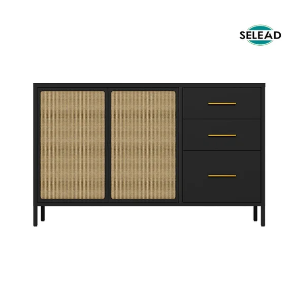 Steel sideboard cabinet with wicker doors and three metal drawers