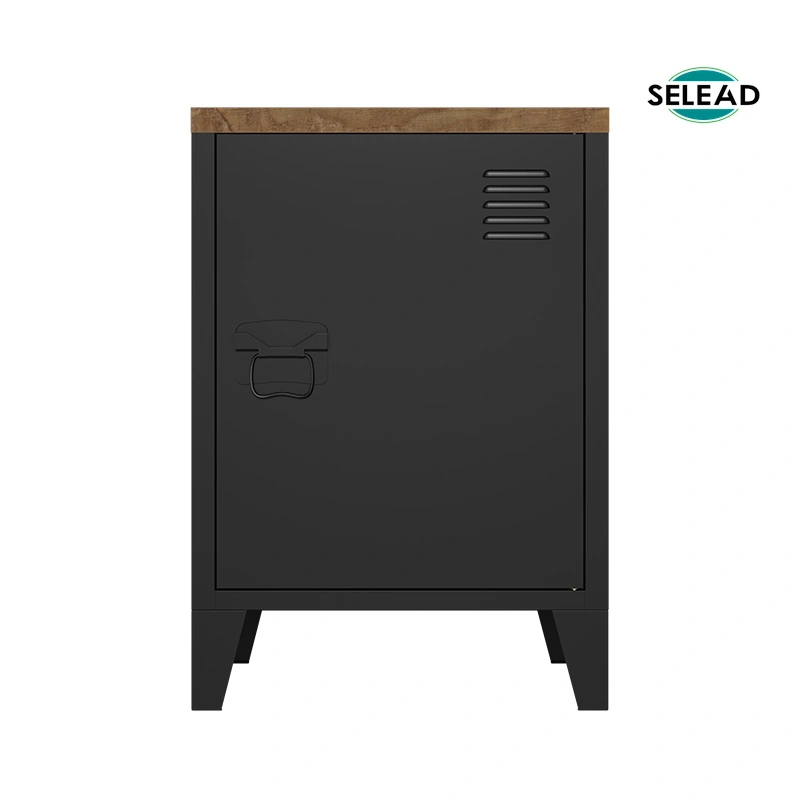 Single door steel storage cabinet with wooden top and ventilation slots