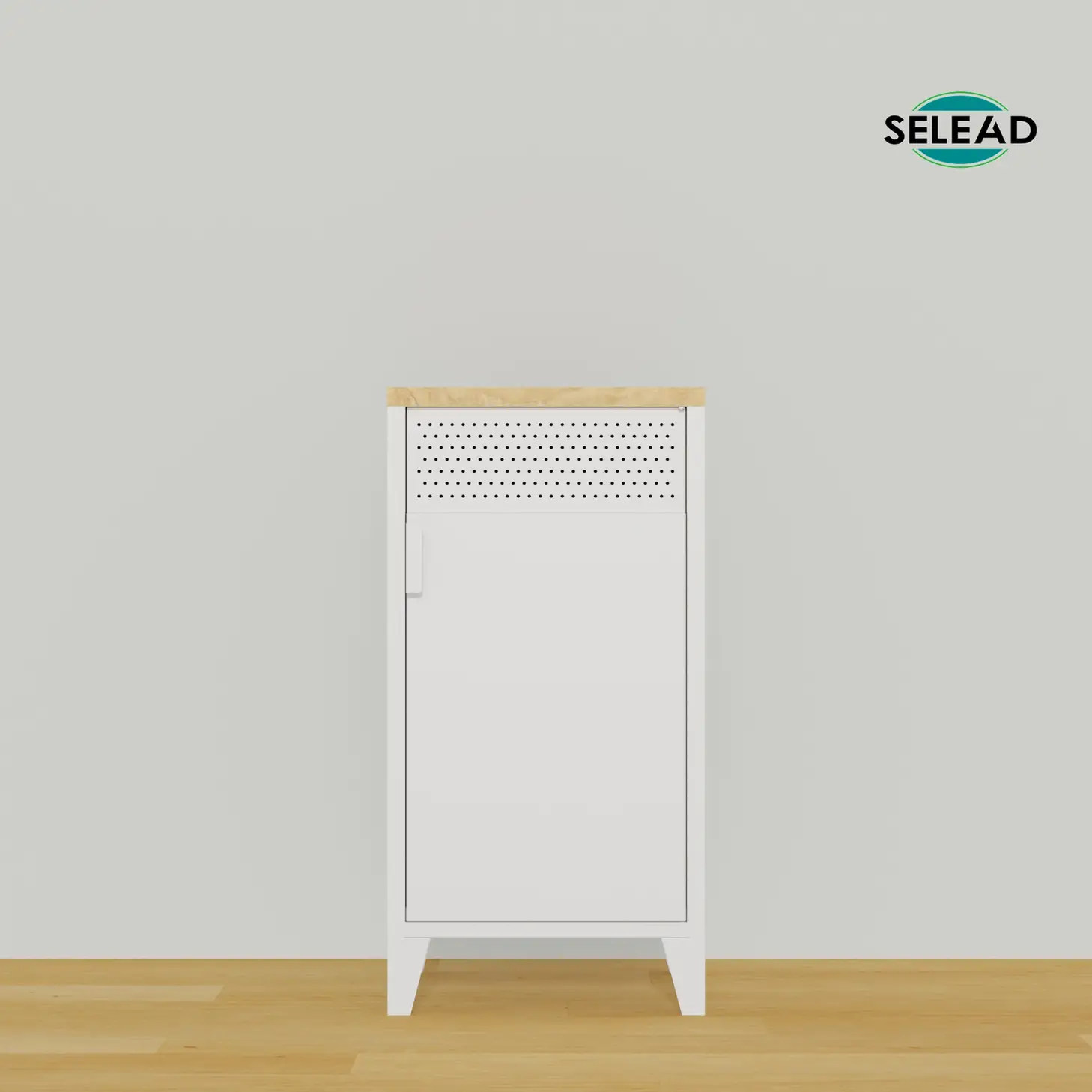 Tall single door steel storage cabinet with wooden top and ventilation panel