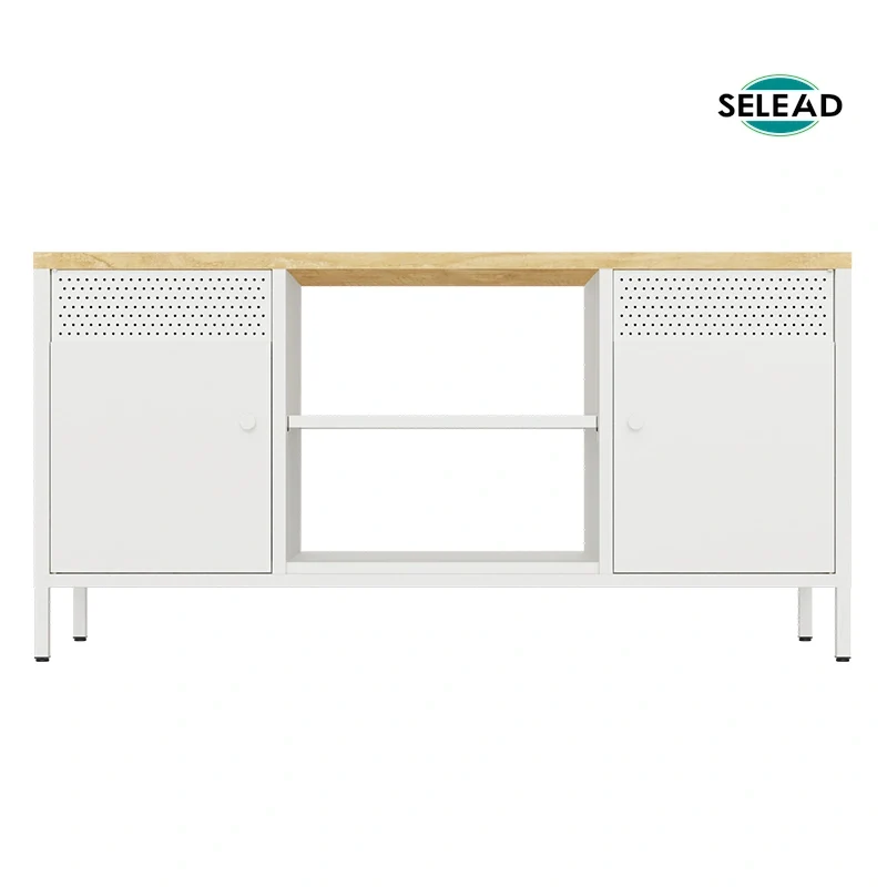 White steel TV stand SW-T01 with light wood top and open center shelving