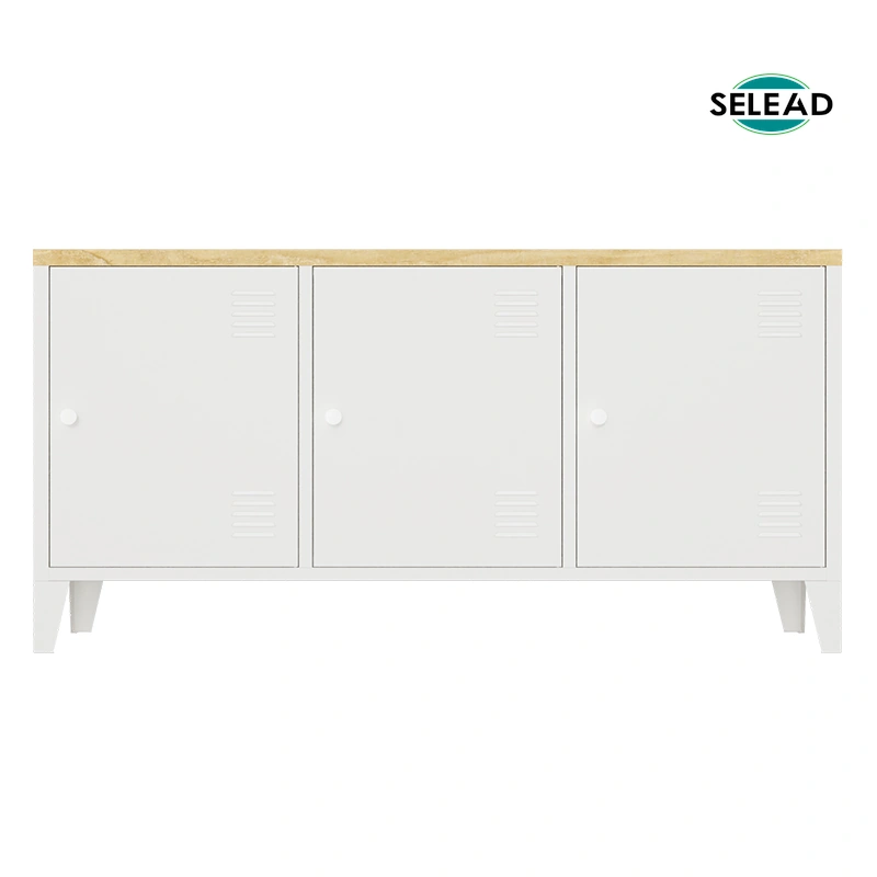 White steel sideboard SW-T02 with wood top and highlighted ventilation, handle and magnetic latch details